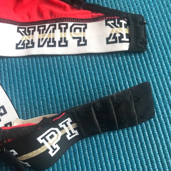 Victoria’s Secret Pink Wireless Lightly Lined Bra Red Black White Gold Logo Band - Picture 10 of 12